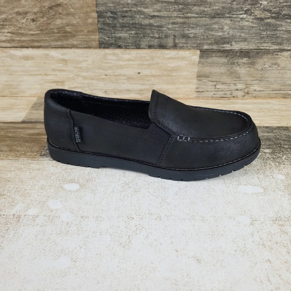 Skechers Bobs Chill Lugs Central Look Womens Loafer Shoe Sz 7 Black Faux Leather